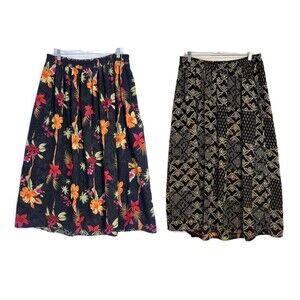 Vtg Reversible Skirt Sz 16W Tropical Chiffon Black Multi Midi Pull On Boho Chic